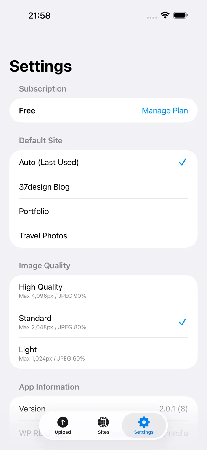 SnapPress settings screen