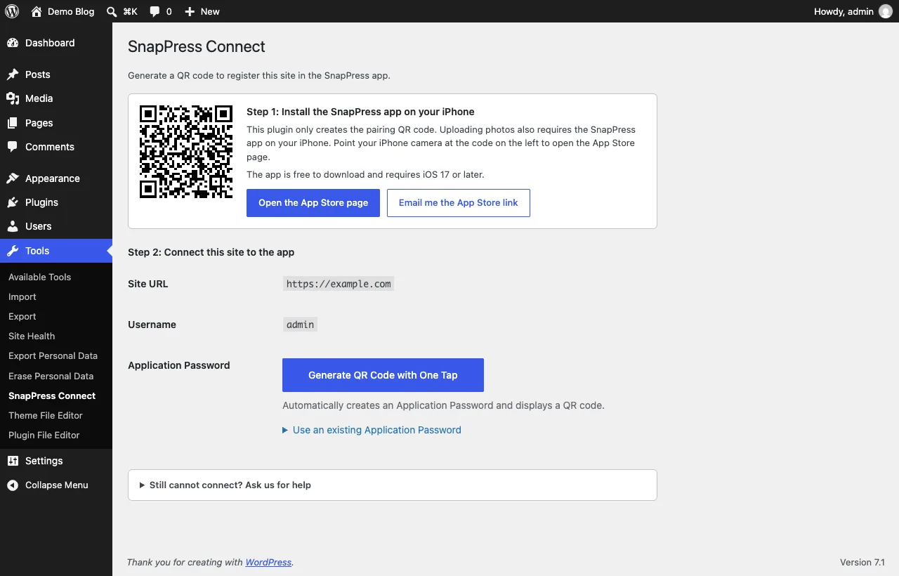 Der Einrichtungsbildschirm von SnapPress Connect: App-Store-QR-Code, Button zum Senden des Links per E-Mail, QR-Erzeugung mit einem Tippen