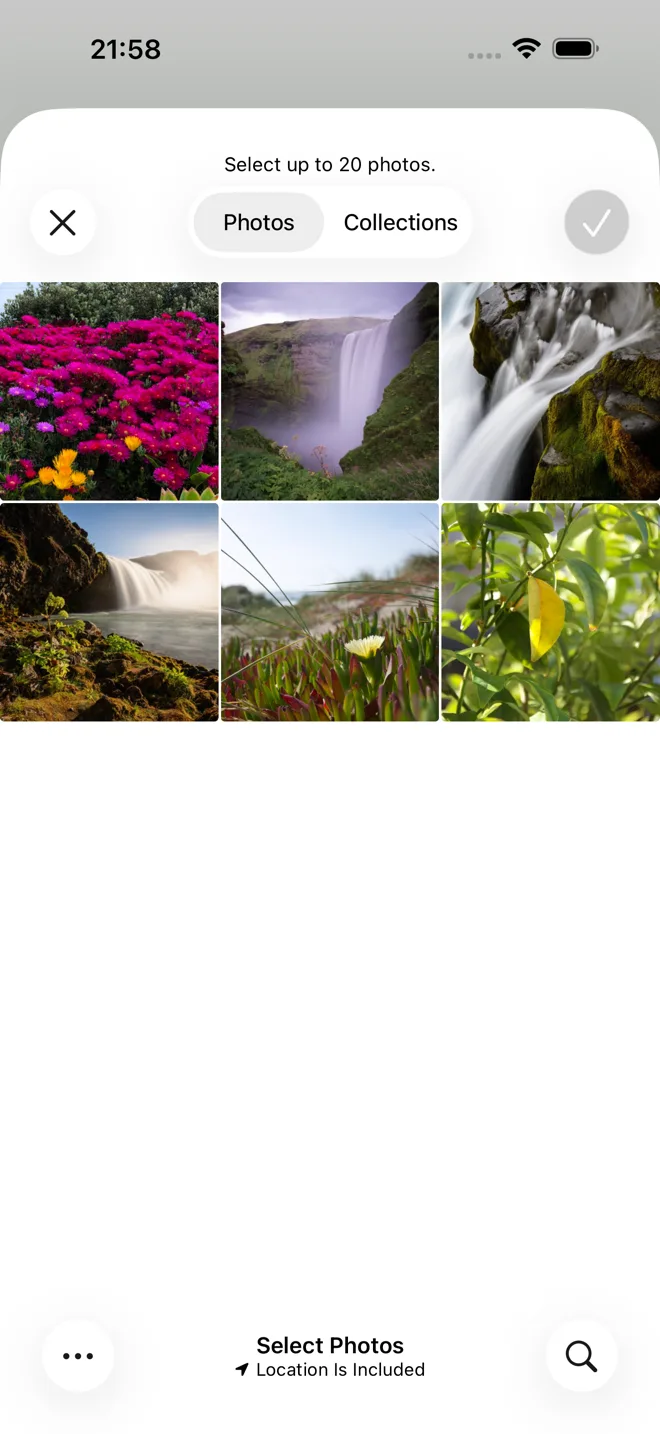 SnapPress photo picker on iPhone showing a grid of camera-roll photos with several selected for upload to WordPress