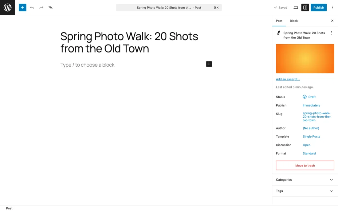 WordPress featured image panel in the editor